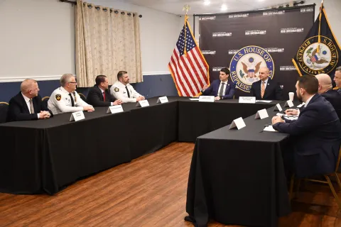 Rep. Bresnahan, Attorney General Sunday, law enforcement officials, and community partners discuss the importance of public safety in local communities